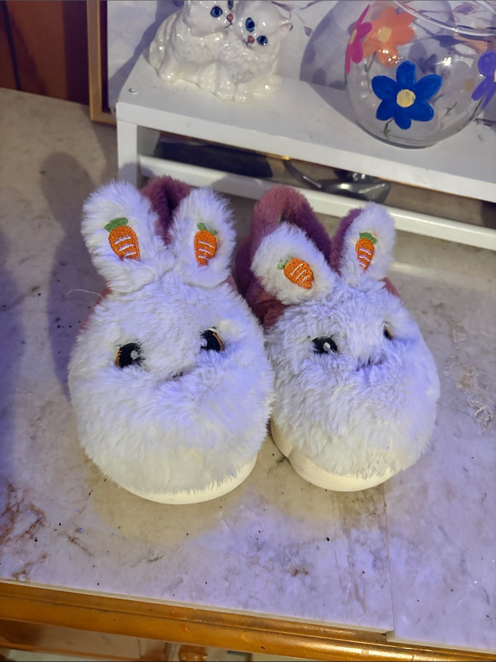 Plush soft Bunny slippers
in White and Pink - Cute Carrot Embroidery